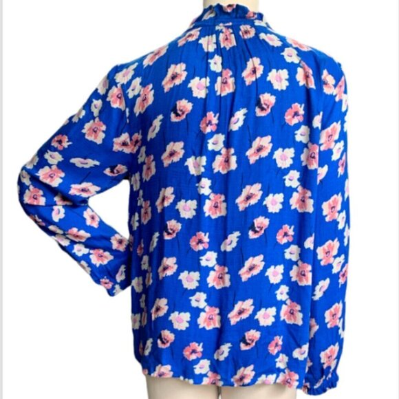 Lucky Brand Floral V-Neck/Tie-Neck Top Slit Shoulder Sz M Blue Pink 52G - Picture 5 of 12